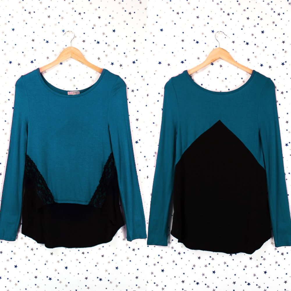 Color Block Lace Detail Top Teal Black